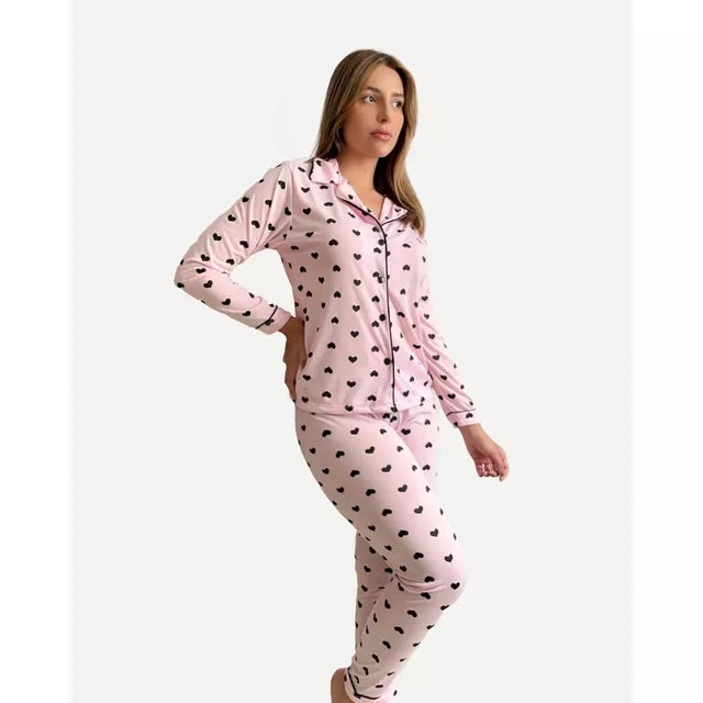 Pijama Longo Americano Rosa Coração Preto