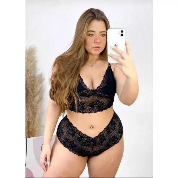 Conjunto Lingerie Plus Size Rendada Preto