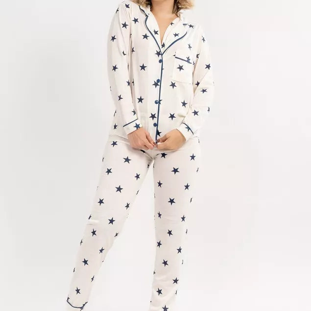 Pijama Longo Creme Estrelas