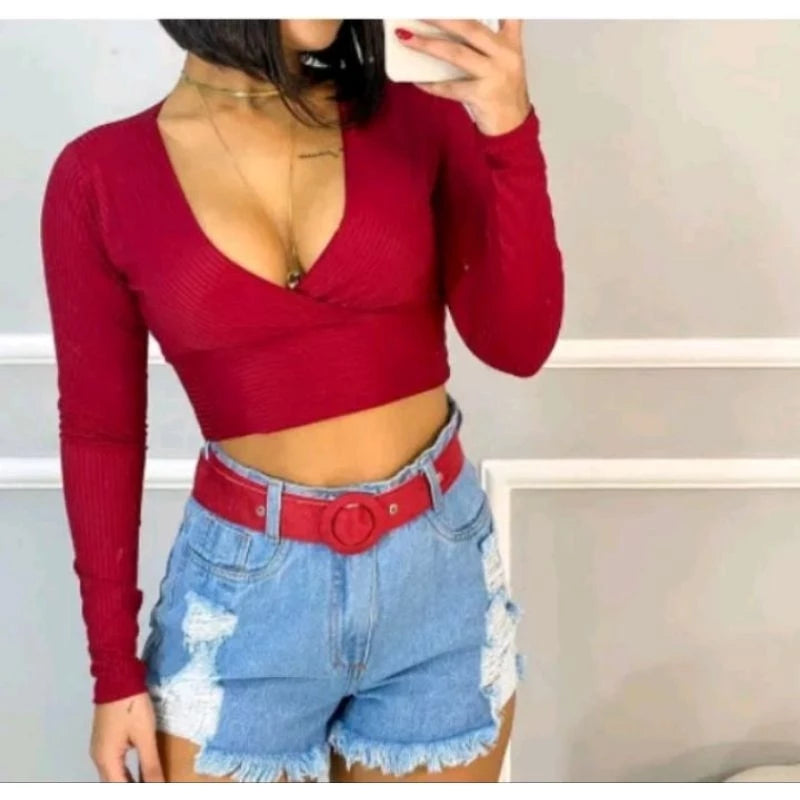 Blusa Cropped Manga longa Transpassado