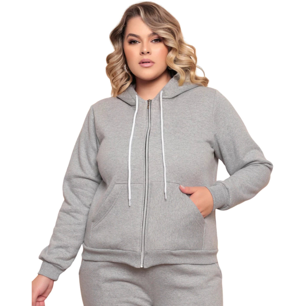 Moletom Plus Size Com Ziper Capuz e  Bolso