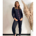 Pijama Longo Americano Preto detalhe Rosa