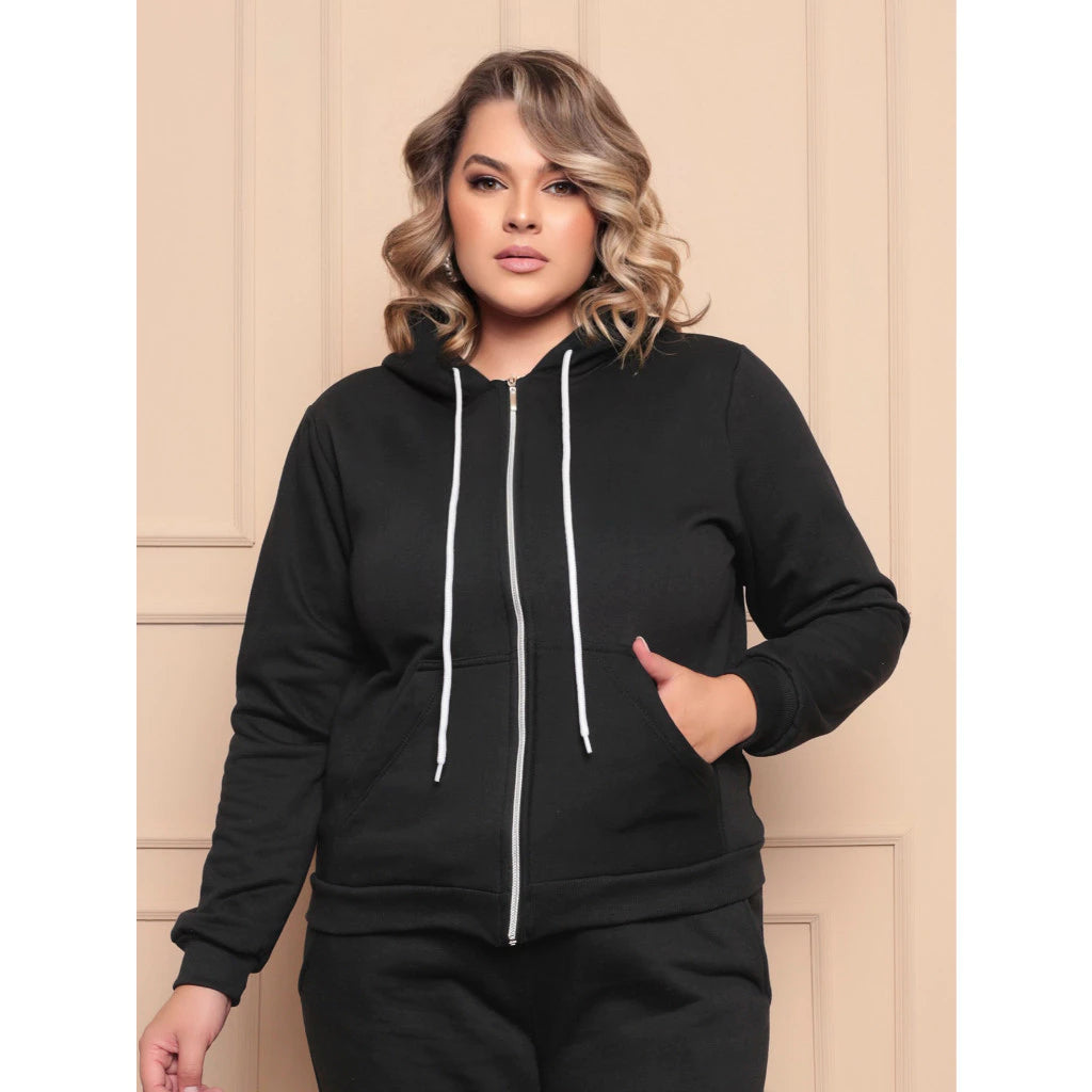 Moletom Plus Size Com Ziper Capuz e  Bolso