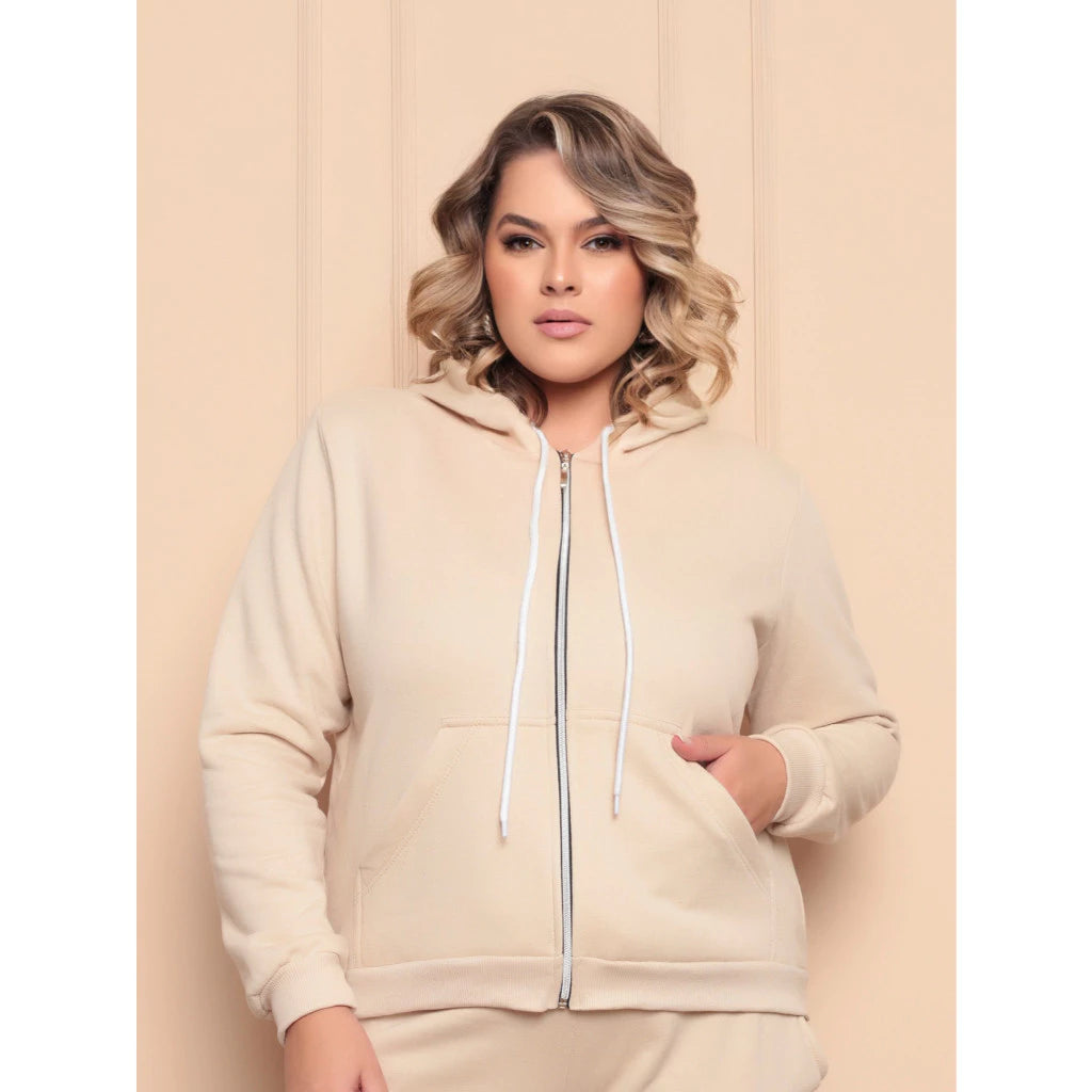 Moletom Plus Size Com Ziper Capuz e  Bolso