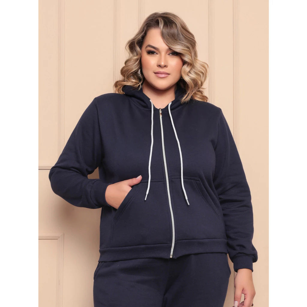 Moletom Plus Size Com Ziper Capuz e  Bolso