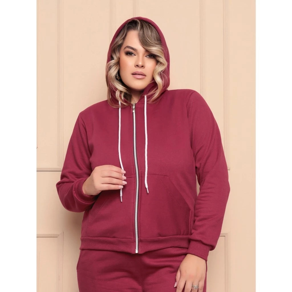 Moletom Plus Size Com Ziper Capuz e  Bolso
