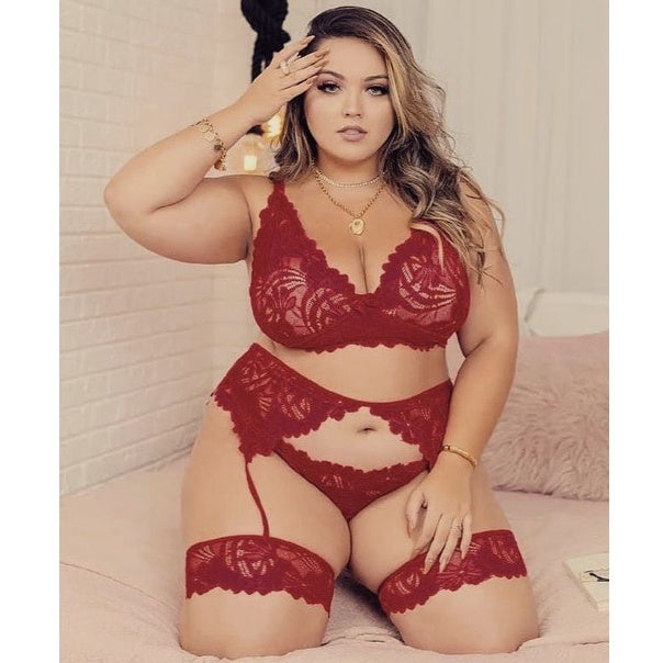 Conjunto Plus Size em Renda com Cinta Liga Vinho