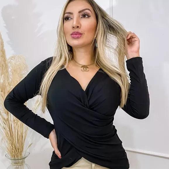 Blusa Transpassada Manga Longa Preto