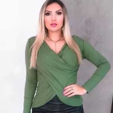 Blusa Transpassada Manga Longa Verde Militar