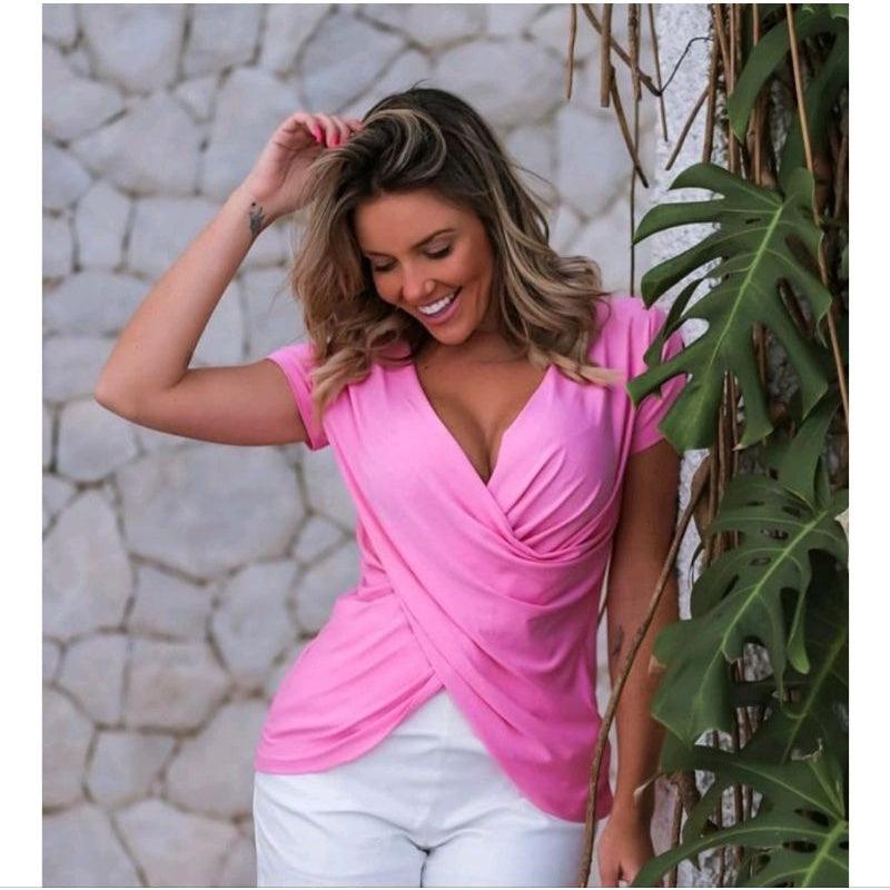 Blusa Transpassada Manga Curta Rosa